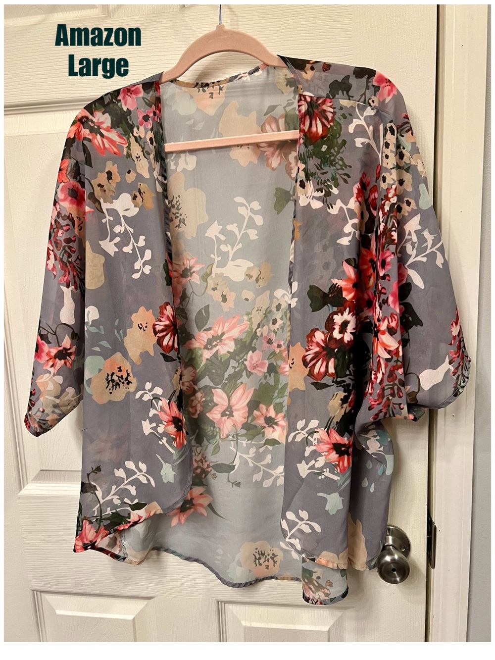 Amazon Floral Sheer Kimono Cardigan - Gray with Pink & Green Floral